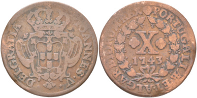 Португалия 10 реалов 1743 Жуан V (1706-1750) KM 227 медь 4157-1246