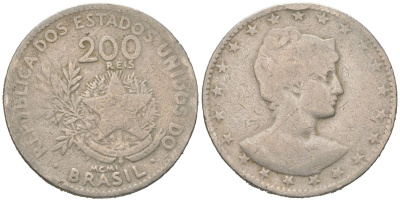 Бразилия 200 реалов 1901 MCMI, голова свободы вправо KM 504 медно-никель 4612-135