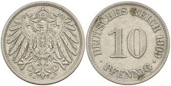 Германия 10 пфеннигов 1909 A KM 12, Jager 13, Weege 8 медно-никель 219-146