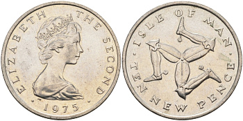 Остров Мэн 10 пенсов 1975 герб, Елизавета II (1952-2022) KM 23 медно-никель aUNC 4583-225