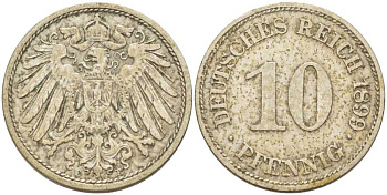ГЕРМАНИЯ 10 ПФЕННИГОВ 1899 E KM 12, J. 13, Weege 8 медно-никель 261-1335