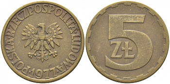Польша 5 злотых 1977 монетный двор Ленинград (ЛМД) KM 81.1, Parchimowicz 221c латунь 3856-526