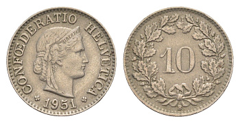 Швейцария 10 раппенов 1951 B KM 27 медно-никель 4532-1236