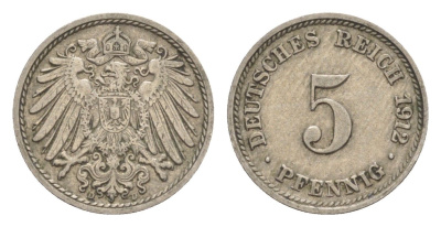 Германия 5 пфеннигов 1912 D, Вильгельм II (1888-1918) KM 11, J. 12 медно-никель 4640-141