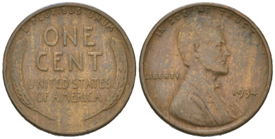 США 1 цент 1934 Авраам Линкольн KM 132 бронза 211-433