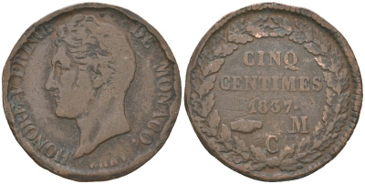 Монако 5 сантимов 1837 MC, Оноре V (1819-1841) KM 95.1 латунь 110-943