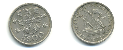 ПОРТУГАЛИЯ 5 ЭСКУДО 1975 ПАРУСНИК KM 591 медно-никель 176-224