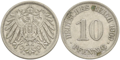 Германия 10 пфеннигов 1909 A KM 12, Jager 13, Weege 8 медно-никель 219-146