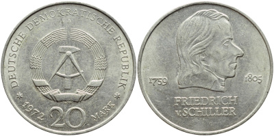 ГДР 20 марок 1972 А, Фридрих Шиллер (1759-1805) KM 40 медно-никель 4394-332