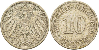 ГЕРМАНИЯ 10 ПФЕННИГОВ 1899 E KM 12, J. 13, Weege 8 медно-никель 261-1335