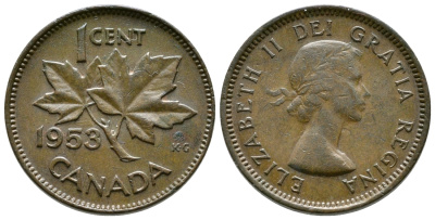 КАНАДА 1 ЦЕНТ 1953 КЛЕНОВЫЙ ЛИСТ, ЕЛИЗАВЕТА II KM 49 бронза 46-2543