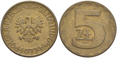 Польша 5 злотых 1977 монетный двор Ленинград (ЛМД) KM 81.1, Parchimowicz 221c латунь 4548-644