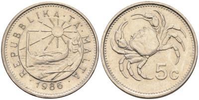 Мальта 5 центов 1986 краб KM 77 медно-никель 4396-626