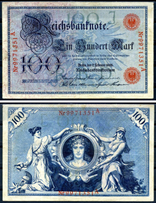 Германия 100 марок 1908 выпуск 7 февраля 1908, номер 29 мм, серия J, буква A, выпуск конец 1916 - ноябрь 1918, красная печать Pick 33 a бумага 8617-41-1-2