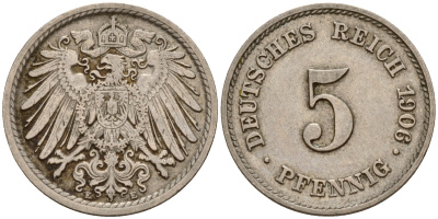 Германия 5 пфеннигов 1906 E J.12, KM 11 медно-никель    4598-1133