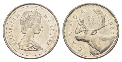 Канада 25 центов 1989 Елизавета II (1952-2022), олень KM 74 никель 4638-536