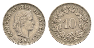 Швейцария 10 раппенов 1951 B KM 27 медно-никель 4532-1236