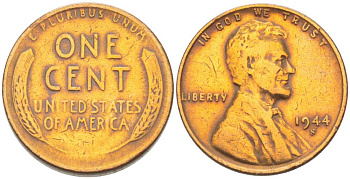 США 1 ЦЕНТ 1944 S, ЛИНКОЛЬН KM А132 медь цинк 3309-468