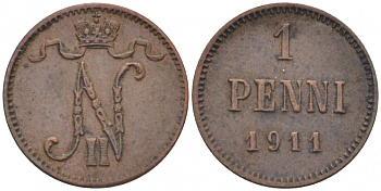 Россия для Финляндии 1 пенни 1911 Николай II (1894-1917) KM 13, Биткин 471 медь 4396-1353