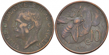ИТАЛИЯ 10 ЧЕНТЕЗИМО 1929 R, ВИКТОРИО ИМАНУИЛ, ПЧЕЛА KM 60 медь 4544-1112