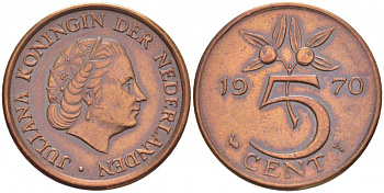 НИДЕРЛАНДЫ 5 ЦЕНТОВ 1970 ЮЛИАНА KM 181 бронза 3856-955