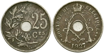 Бельгия 25 сантимов 1927 Belgique KM 68 медно-никель 4165-541
