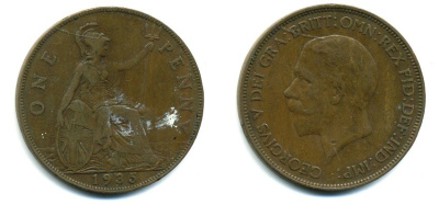 Великобритания 1 пенни 1935 Георг V (1910-1936) КМ 838, Spink 4055 бронза 41-1231