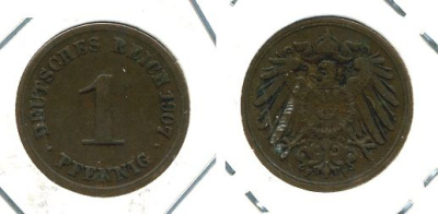ГЕРМАНИЯ 1 ПФЕННИГ 1907 F KM 10, J 10 медь 701-313