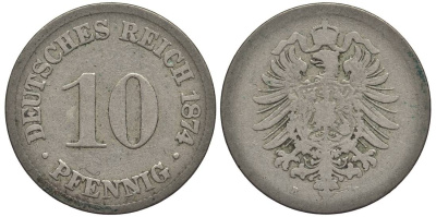 ГЕРМАНИЯ 10 ПФЕННИГОВ 1874 B, СТАРОГЕРБОВКА KM 4, Jager 4, Weege 7 медно-никель 4546-1112