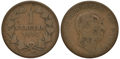Баден 1 крейцер 1851 Леопольд I (1830-1852) KM 218.2 медь 413-5314