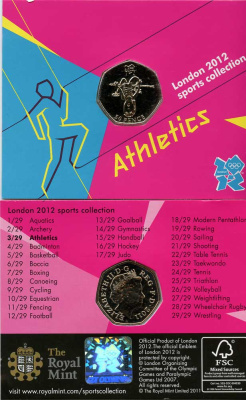 Великобритания 50 пенсов 2011 XXX летние Олимпийские игры в Лондоне в 2012 году, атлеты, в оригинальном картонном буклете, с Олимпийской голограммой (3/29) KM 1150 медно-никель  UNC  3-6-6-01