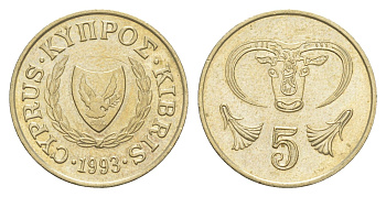 Кипр 5 центов 1993 голова быка KM 55.3 никель латунь aUNC 4649-1163