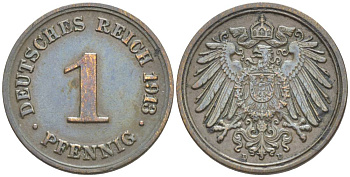 ГЕРМАНИЯ 1 ПФЕННИГ 1913 D KM 10, Jager. 10, Weege 2 медь 4528-712