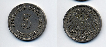ГЕРМАНИЯ 5 ПФЕННИГОВ 1907 A, KM 11, J. 12 медно-никель 84-937