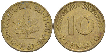 ФРГ 10 ПФЕННИГОВ 1967 D KM 108, J. 383 сталь плакированная латунью 4182-754