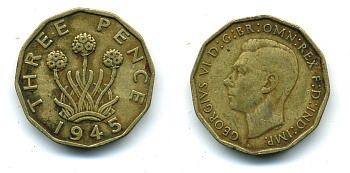 Великобритания 3 пенса 1945 Георг VI (1936-1952) KM 849, Spink 4112 никель латунь 4383-256