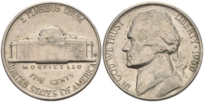 США 5 центов 1960 D, Джефферсон KM А192 медно-никель 92-1037