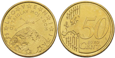 СЛОВЕНИЯ 50 ЕВРОЦЕНТОВ 2007 ГОРЫ И ЗВЁЗДЫ KM 73 латунь UNC 98-816