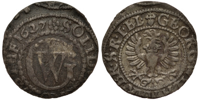 Бранденбург-Пруссия 1 шиллинг 1627 Георг Вильгельм (1619-1640), вес 0,53 гр. KM 113, Olding 53 серебро 1516-124