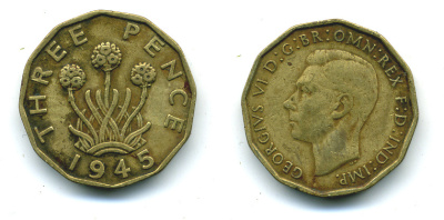 Великобритания 3 пенса 1945 Георг VI (1936-1952) KM 849, Spink 4112 никель латунь 4383-256