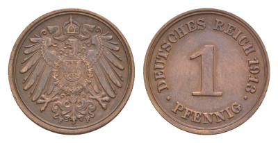 Германия 1 пфенниг 1913 F, Вильгельм II (1888-1918) KM 10, J. 10 медь 4639-1149