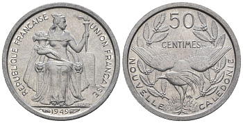 Французская Новая Каледония 50 сантим 1949 птица кагу, заморские территории KM 1 алюминий  aUNC  4609-937