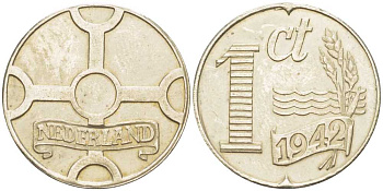 НИДЕРЛАНДЫ 1 ЦЕНТ 1942 РЕСТРАЙК, ДИАМЕТР 18 ММ. белый металл UNC 211-668