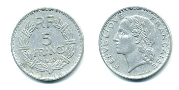 Франция 5 франков 1949 тип Лаврийе KM 888b.1, LE FRANC 339.17 алюминий 47-715