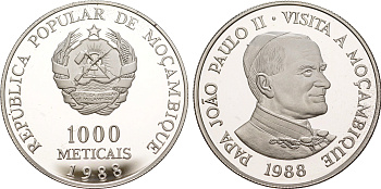Мозамбик 1000 метикалей 1988 визит в Мозамбик папы Иоанна Павла II KM 109 a серебро  PROOF 1079-5-33