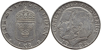 Швеция 1 крона 1988 Карл XVI Густав (1973- ) KM 852a медно-никель 4397-1226