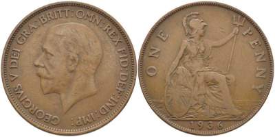 Великобритания 1 пенни 1936 Георг V (1910-1936) KM 838, Spink 4055 бронза 115-315