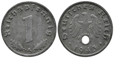 ГЕРМАНИЯ 1 РЕЙХСПФЕННИГ 1943 A KM 97, J. 369 цинк 39-1227
