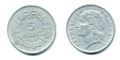 Франция 5 франков 1949 тип Лаврийе KM 888b.1, LE FRANC 339.17 алюминий 47-715