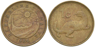 Мальта 1 цент 1986 ласка, горностай KM 78 никель латунь 4585-1117